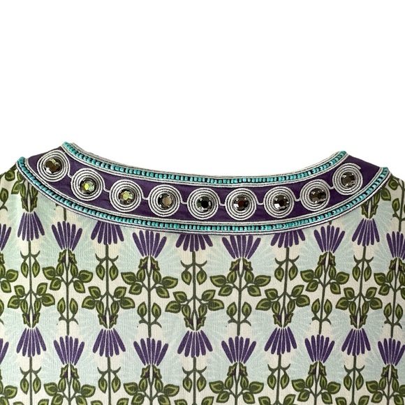TORY BURCH | NWOT EMBELLISHED SILK FLORAL TUNIC BEADED JEWEL NECKLINE | SMALL - Picture 12 of 15